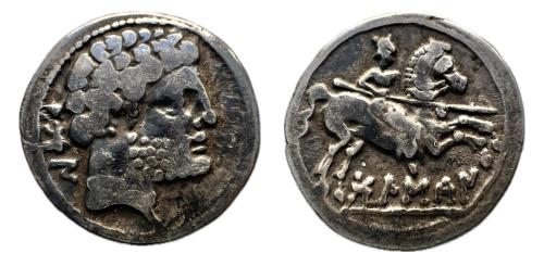 113 - Bolskan. Denario. 180-20 a.C. Huesca. (Abh-1911). Anv.: Cabeza barbada a derecha, detrás letras ibéricas BON.