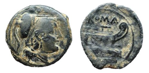 202 - Anónima. Triens. 215-212 a.C. Roma. (Crawford 56/4). Anv.: Cabeza con casco de Minerva a la derecha; •••• (marca de valor) arriba.