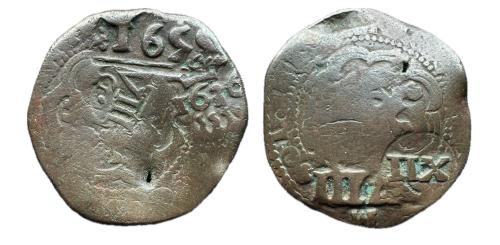 549 - Felipe IV (1621-1665). Ae. 6,51 g. Resello de 12 maravedís 1636 de Valladolid y 8 maravedís de 1655 con ceca se Segovia,