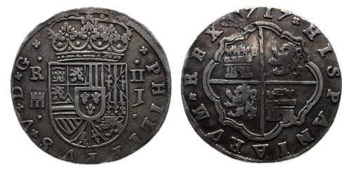 578   -  Felipe V (1700-1746). 2 reales. 1717. Segovia. J. (Cal-944).