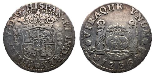579 - Felipe V (1700-1746). 2 reales. 1736/5. México. MF. (Cal-815).