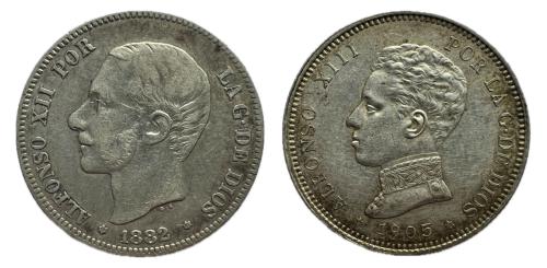 632   -  Lote de 2 monedas del Centenario de la Peseta. Alfonso XII 2 Pesetas 1882 *18-82