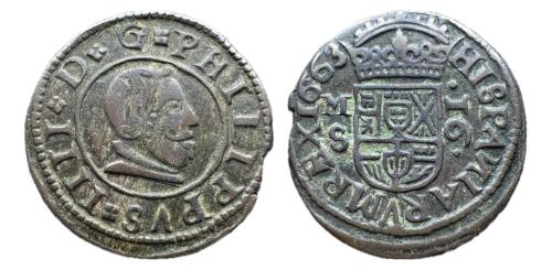 183   -  Felipe IV (1621-1665). 16 maravedís. 1663. Madrid. S