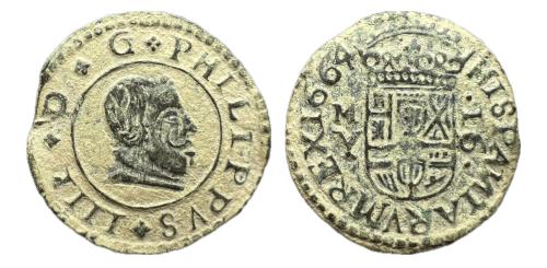 184 - Felipe IV (1621-1665). 16 maravedís. 1664. Madrid. Y. (Cal-491)