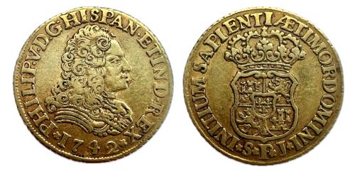 224 - Felipe V (1700-1746). 2 escudos. 1742. Sevilla. PJ. (Cal-432).