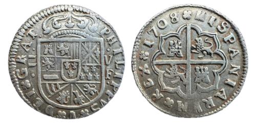 225   -  Felipe V (1700-1746). 2 reales. 1708. Valencia. F. (Cal-1001)