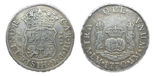 238   -  Carlos III (1759-1788). 2 reales. 1770. Lima. JM. (Cal-580). Ag. 6,64 g