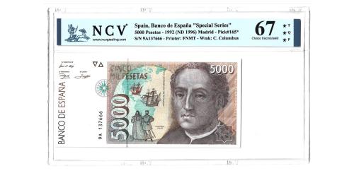 340   -  España. 5000ptas(2). 1992. Pick#165*. S/N 9A137666/67. 67TQP.