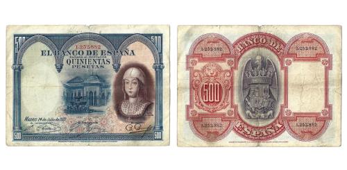 349   -  España. 500pts. 1927. Pick#73a. S/N 1252882. MBC-.