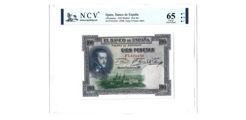 352   -  España. 100pts. 1925. Pick#69c. S/N F7452830. SC. 65TQP.