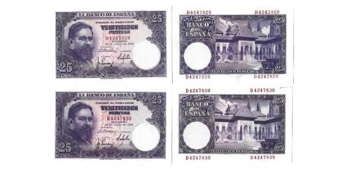 354   -  España. 25pts(2). 1954. Pick#147a. S/N D4247829/30. SC-
