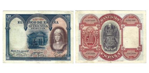 358   -  España. 500pts. 1927. Pick#73a. S/N 0307859. MBC-.