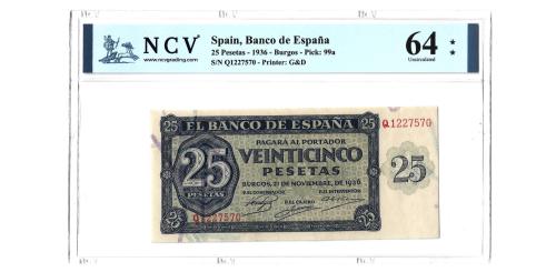 362   -  España. Burgos. 25pts. 1936. Pick#99a. S/N Q1227570. 64