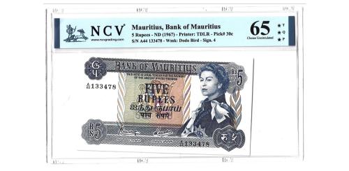 377   -  Mauricio. 5 Rupias. 1967.