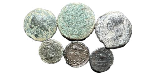 129   -  Lote compuesto por 4 monedas ibericas y dos cuadrantes de Claudio.