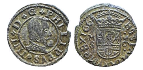 337   -  Felipe IV (1621-1665). 16 maravedís. 1664. Madrid. S. (Cal-480).