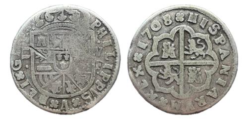 381   -  Felipe V (1700-1746). 2 reales. 1708. Valencia. F. (Cal-1001).