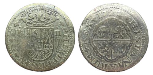 388   -  Felipe V (1700-1746). 2 reales. 1722. Sevilla. J. (Cal-tipo 125).