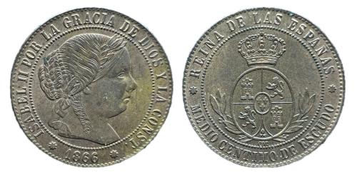428   -  Isabel II (1833-1868). 1/2 céntimo de escudo. 1866. Barcelona. OM.