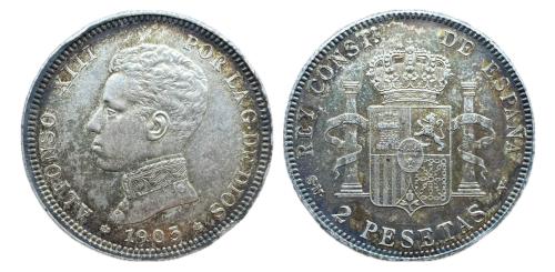 445 - Centenario de la Peseta (1868-1931). Alfonso XIII (1886-1931). 2 pesetas. 1905*19-05. Madrid.