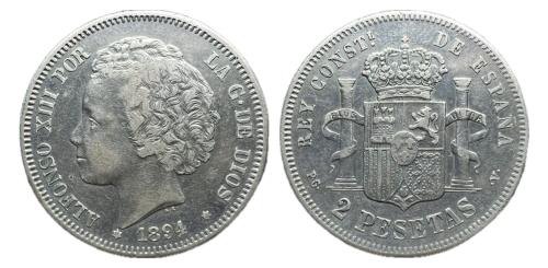 448 - Centenario de la Peseta (1868-1931). Alfonso XIII (1886-1931). 2 pesetas. 1894*18-(94)