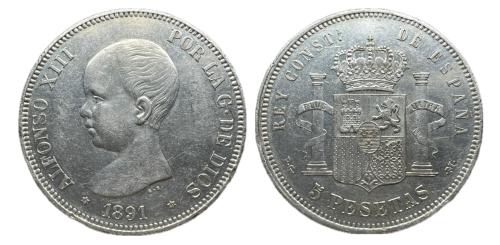 450 - Centenario de la Peseta (1868-1931). Alfonso XIII (1886-1931). 5 pesetas. 1891*18-91