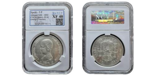 456 - Centenario de la Peseta (1868-1931). Alfonso XIII (1886-1931). 5 pesetas. 1892*18-92. Madrid. PGM.