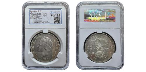 458 - Centenario de la Peseta (1868-1931). Alfonso XIII (1886-1931). 5 pesetas. 1894 *18-94. Madrid. PGV. (Cal-104).