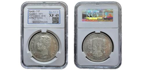 466 - Centenario de la Peseta (1868-1931). Amadeo I (1871-1873). 5 pesetas. 1871*18-71. Madrid. SDM.