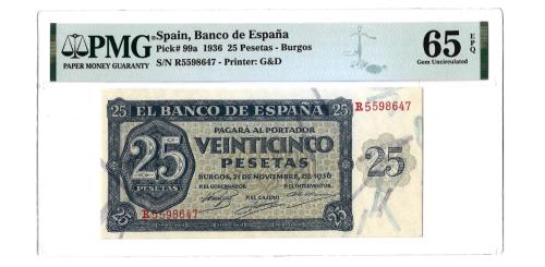 550   -  1936. Burgos. 25 pesetas. (Ed. 419) (Pick 99a).