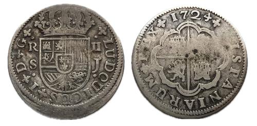 345 - Luis I (1724). 2 reales. 1724. Sevilla. J. (Cal-29). (Bustos-Sv2R-24b). Ag. 5,08 g