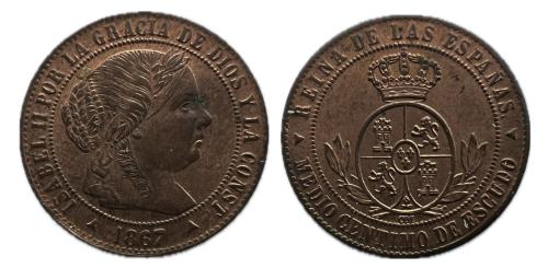 446 - Isabel II (1833-1868). 1/2 céntimo de escudo. 1867. Segovia. OM. (Cal-209)