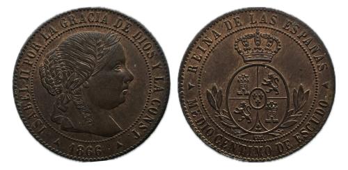 448 - Isabel II (1833-1868). 1/2 céntimo de escudo. 1866. Segovia. OM