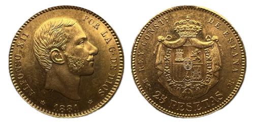 482 - Alfonso XII (1874-1885). 25 pesetas. 1881*18-81. Madrid. MSM. (Cal-82).