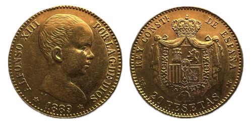 491 - Alfonso XIII (1886-1931). 20 pesetas. 1889*18-89. Madrid. MPM. (Cal-113). Au.