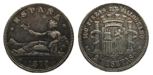 494 - Gobierno Provisional (1868-1871). 2 pesetas. 1870*18-73. Madrid. DEM. (Cal-28).