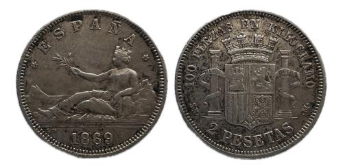 495 - Gobierno Provisional (1868-1871). 2 pesetas. 1869*18-69. Madrid. SNM. (Cal-22).