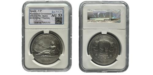 496 - Gobierno Provisional (1868-1871). 5 pesetas. 1870*18-70. Madrid. SNM. (Cal-39).