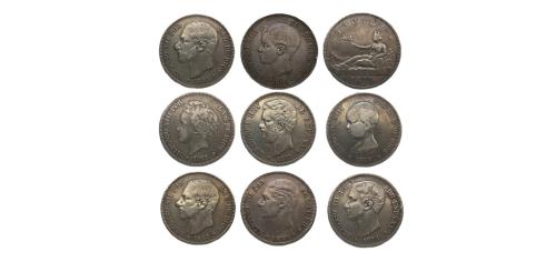 500 - Lote de 9 monedas del Centenario de la Peseta. Conteniendo del Gobierno Provisional, 5 Pesetas 1870 *18-70 SNM; Amadeo I, 5 Pesetas 1871 *18-71 SDM; Alfonso XII, 5 Pesetas 1875 *18-75 DEM, 5 Pesetas 1878 *18-78 DEM, 5 pesetas de 1884 *18-84 MSM, 5 pesetas de 1885 *18-85 MSM y Alfonso XIII, 5 pesetas 1888 *18-88 MPM, 5 pesetas 1893 “Estrellas no visibles” PGL y 5 pestas de 1896 *18-96 PGV.