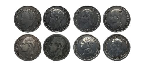 501 - Lote de 8 moneda del Centenario de la Peseta. Contenido de Alfonso XII, 50 centimos de 1880 y 1885, Alfonso XIII, 50 centimos de 1889, 1892, 1894, 1900, 1810 y 1826.