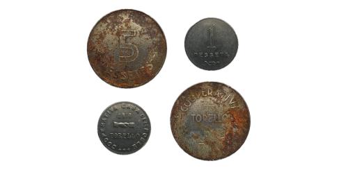 507 - Torelló. Cooperativa casa del poble/pueblo. 1 y 5 pesetas. (AL. 3027 y 3030).